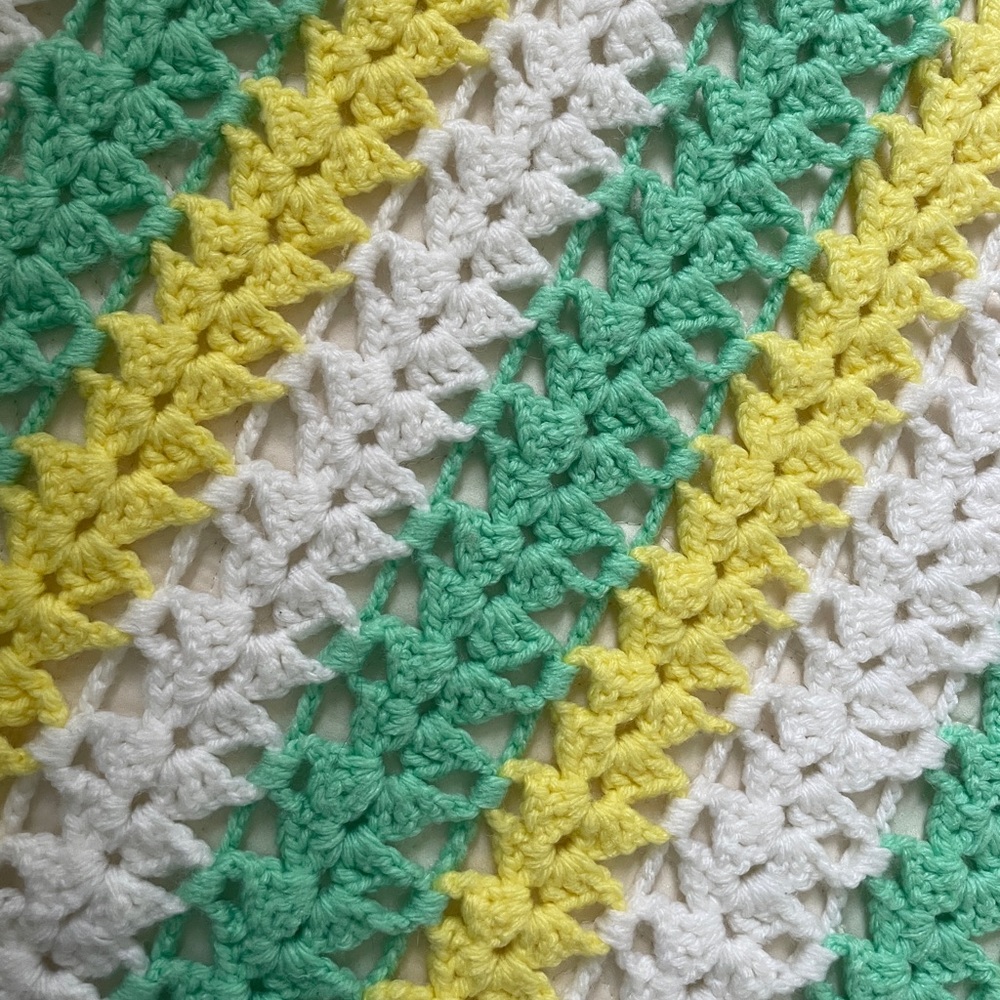 Vintage crochet grandma blanket, sea foam green, yellow, white. Cottage core